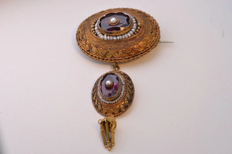 Personalized Brooch for Collectors-14K Yellow Gold Etruscan-Revival Brooch with Garnet and Sea Pearls