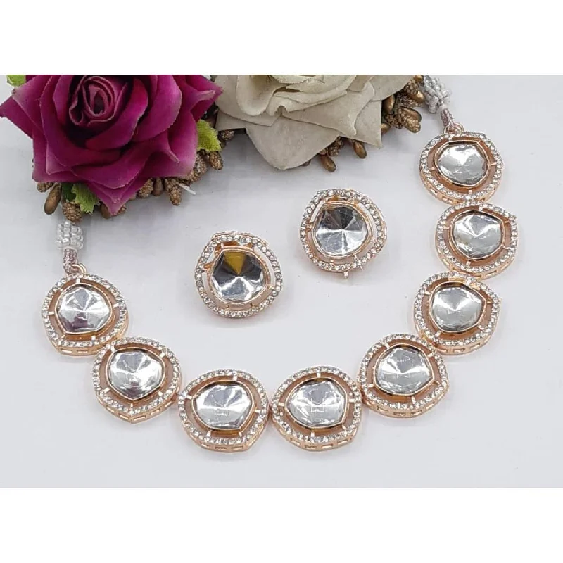 Elegant Long Necklaces-Akruti Collection Rose Gold Plated Kundan Necklace Set