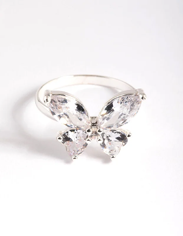 Classy Wedding Rings-Silver Plated Cubic Zirconia Medium Butterfly Ring