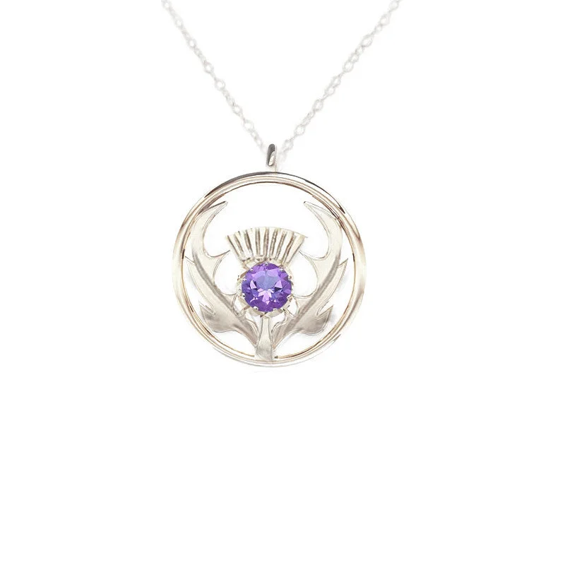 Large Gemstone Necklaces-Round Scottish Thistle Necklace in Silver with Amethyst