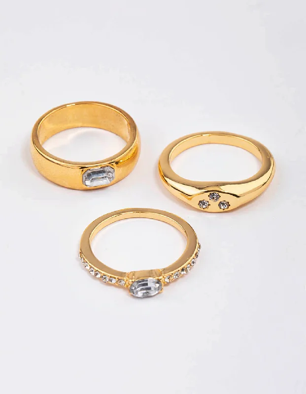 Custom Birthstone Rings-Gold Plated Round Diamante Signet Ring Pack