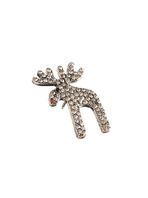 Luxury Gemstone Brooch for Wedding-Hot Tomato Rudolph the Red Nosed Reindeer Brooch - Antique Silver / Clear Crystals