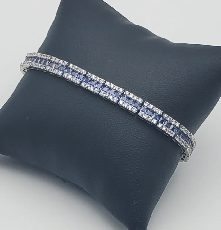 Minimalist Cuff Bracelets-Sterling Silver Blue and Colorless Cubic Zirconia Bracelet - 7.5"