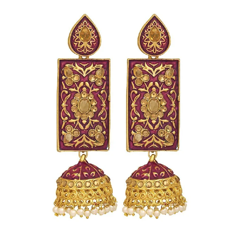 Crystal Stud Earrings-Mahi Maroon Meenakari Work Enamelled Rectangular Dangle Jhumka Earrings with Artificial Pearl for Women (ER1109714GMrn)