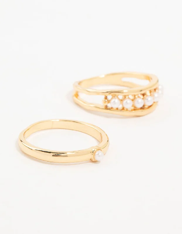 Wedding Rings with Colored Stones-Gold Plated Petite Pearl Stacking Rings 2-Pack