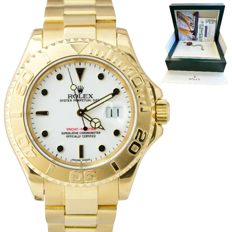 Classic Leather Strap Watches-MINT Rolex Yacht-Master YM1 White 18K Yellow Gold Oyster 16628 40mm Watch B+P