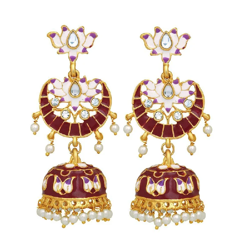 Designer Crystal Earrings-Mahi Maroon Meenakari Work Enamelled Lotus Shaped Artificial Pearl and Crystal Dangle Jhumka Earrings for Women (ER1109710GMrn)