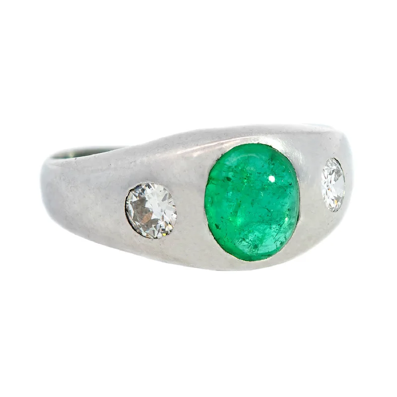 Unique Gemstone Rings-Victorian Platinum Diamond & Emerald Cabochon Ring