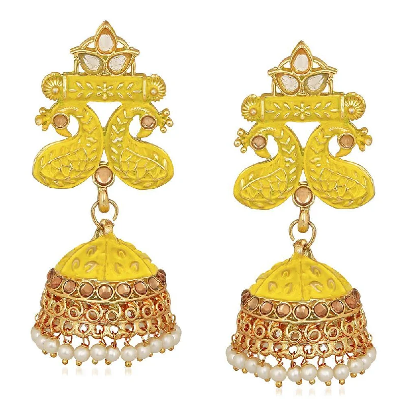 Colorful Dangle Earrings-Mahi Traditional Yellow Meenakari work Peacock Jhumki Earrings with Artificial Pearls for Women (ER1109725GYel)