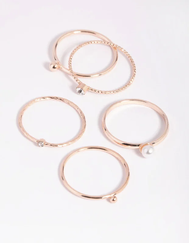 Personalized Birthstone Rings-Rose Gold Dainty Pearl Ring 5-Pack