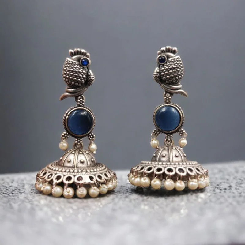 Sterling Silver Stud Earrings-Maharani Jewels Oxidised Plated Pota Stone And Pearl Jhumki Earrings