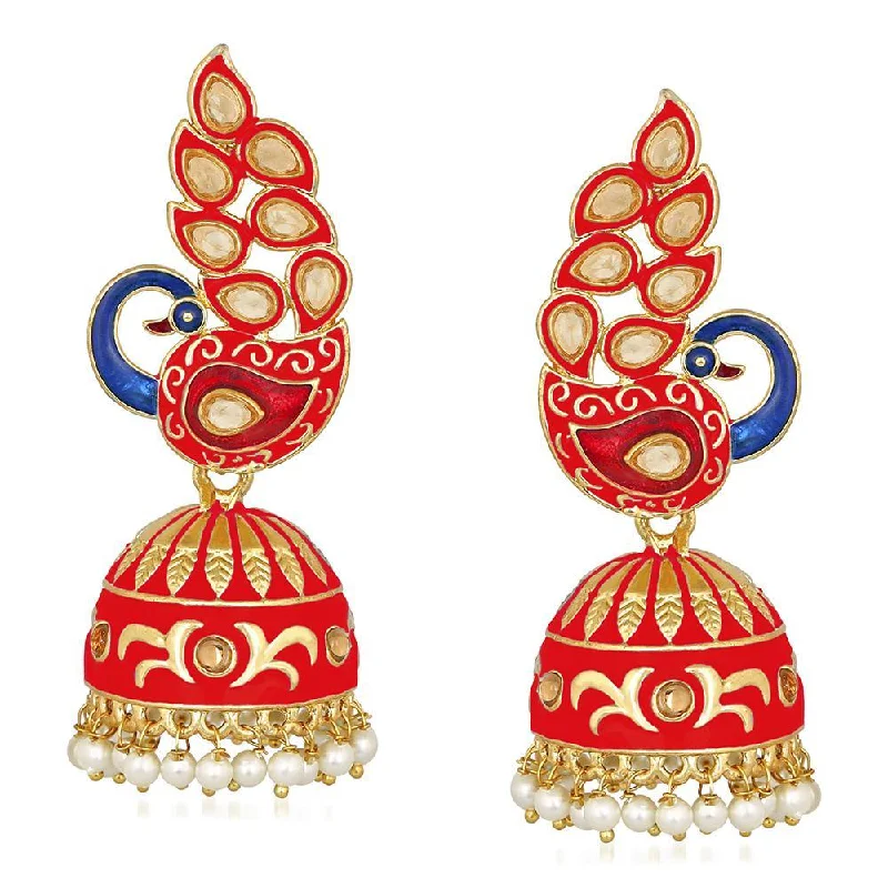 Vintage Crystal Earrings-Mahi Traditional Ethnic Red Meena Peacock Dangle Jumka Earrings with Pearl For Women (ER1109748GRed)