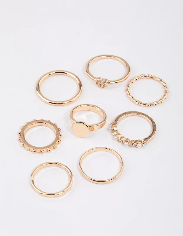 Bold Statement Rings-Gold Disc & Diamante Heart Ring 8-Pack