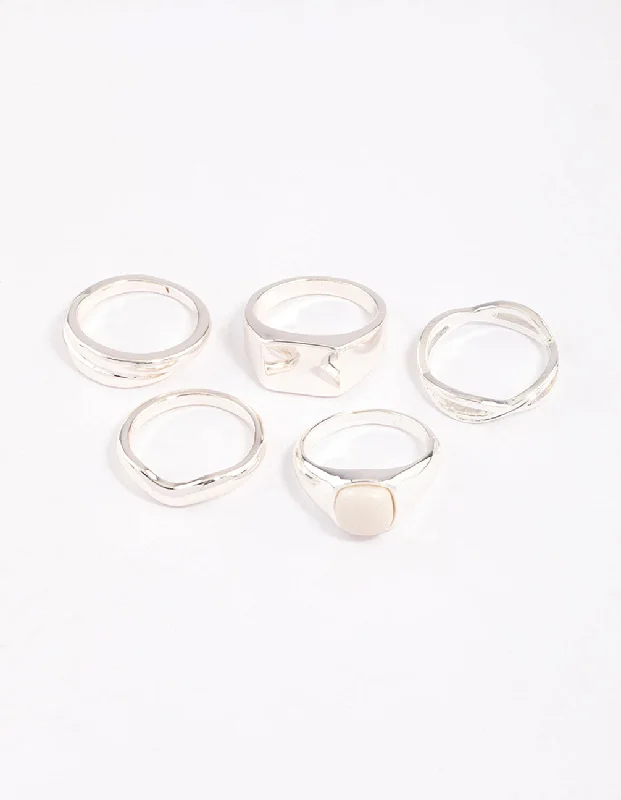 Simple Wedding Rings for Women-Silver Organic Signet Ring Pack