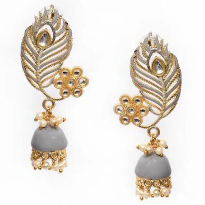 Layered Gold Earrings-House Of Ree Peacock Feather Pattern Gray Jhumki Drop Earrings for Womens | Women | Girls ER129