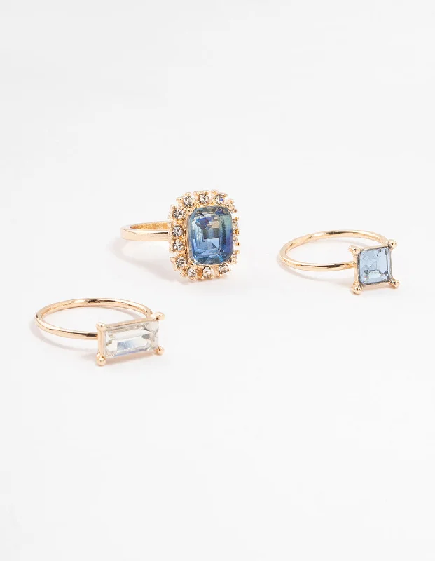 Vintage Promise Rings-Rose Gold Framed Blue & Silver  Diamante Rings 3-Pack