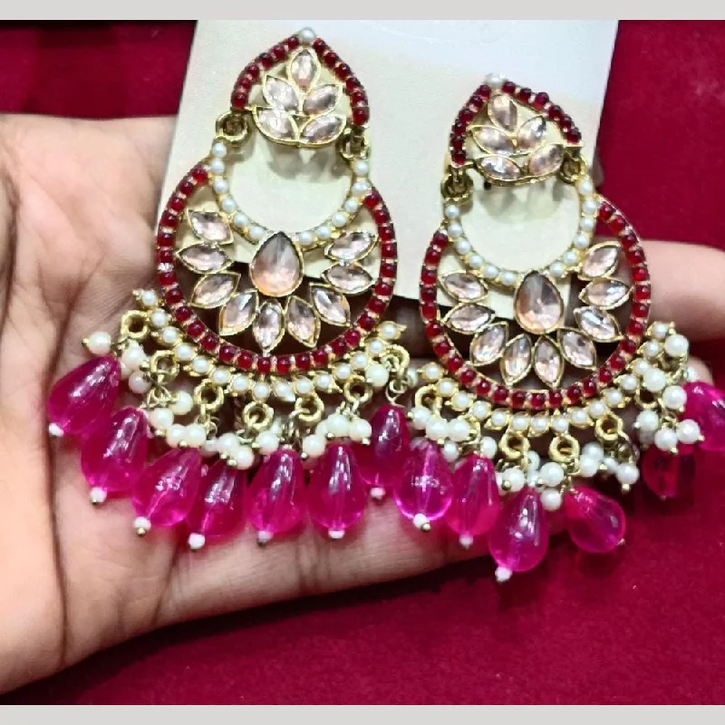 Geometric Gold Earrings-Manisha Jewellery Gold Plated Pota & Kundan Stone Dangler Earrings