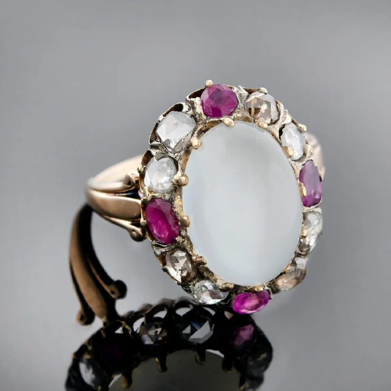 Rose Gold Promise Rings-Victorian 18kt/Sterling Moonstone, Ruby + Rose Cut Diamond Cluster Ring