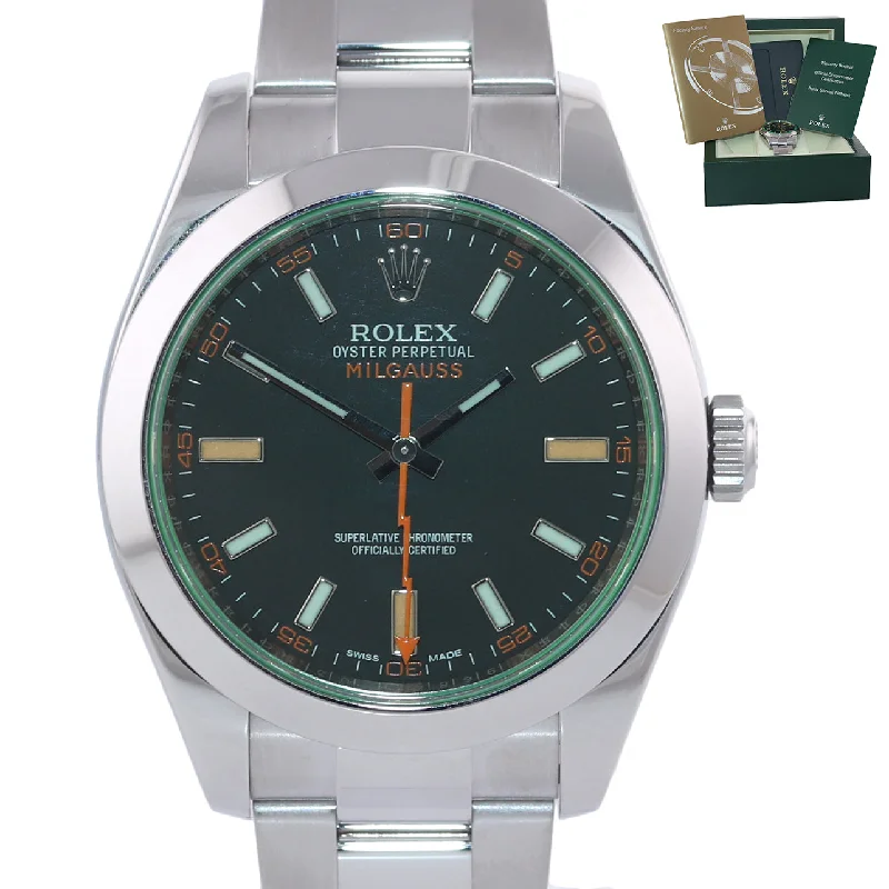 Men’s Automatic Watches-Rolex Milgauss Green Anniversary Orange Black 116400 GV Steel Watch Box