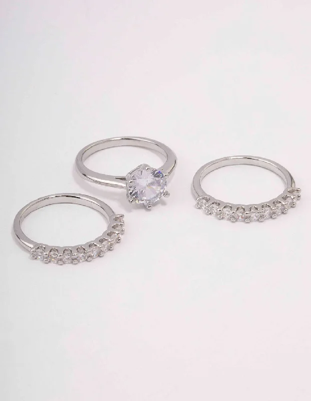 Silver Promise Rings-Silver Pave Solitaire Rings 3-Pack