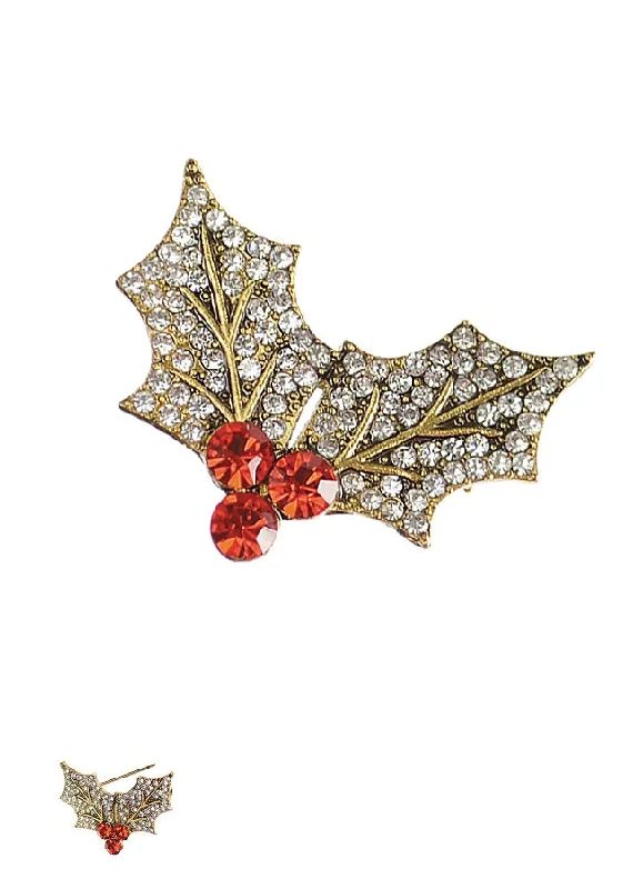 Personalized Wedding Brooch for Bridesmaids-Hot Tomato Holly & Berry Brooch - Antique Gold with Clear & Red Crystals