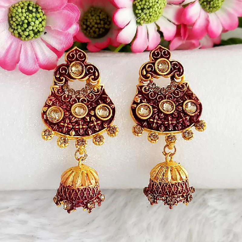 Gold Plated Dangle Earrings-Woma Gold Plated Maroon Dangler Meenakari Earrings - 1318064D