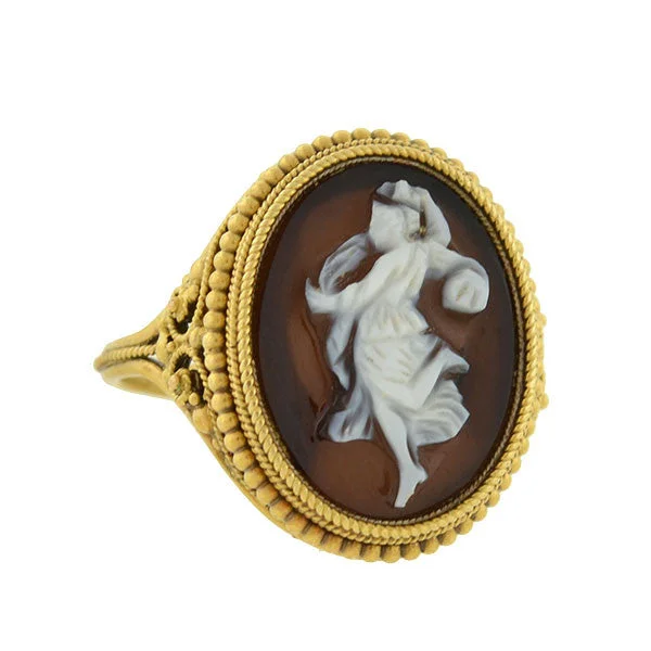 Vintage Diamond Rings-Victorian 18kt Hardstone Agate Cameo "Dancing Muse" Filigree Ring