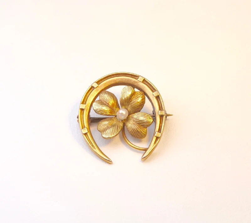 Luxury Vintage Brooch-14K Antique Horseshoe and Four-Leaf Clover Brooch with Seed Pearl