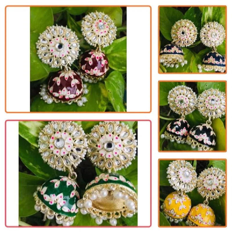 Affordable Silver Earrings-Sanshray Gold Plated Kundan & Meenakari Jhumki Combo