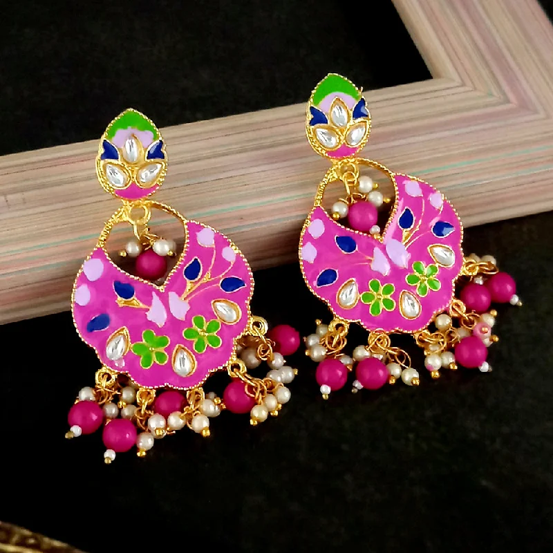 Handcrafted Pearl Earrings-Kriaa Austrian Stone Pink Meenakari Dangler Earrings