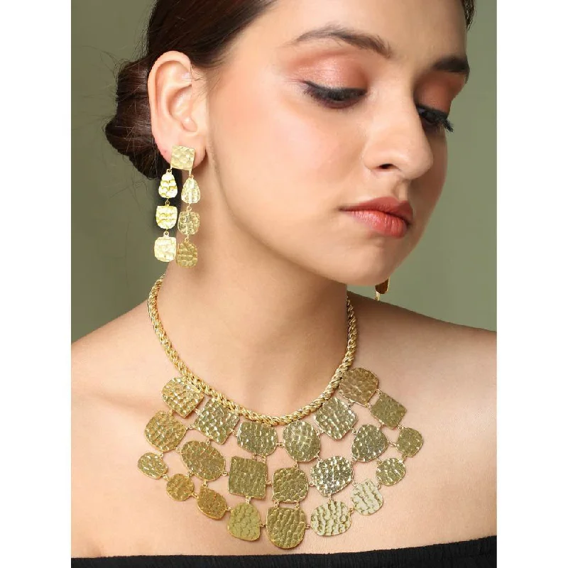 Long Silver Necklaces-Zurooh 18K Gold Plated Hammered Texture Necklace with Earrings