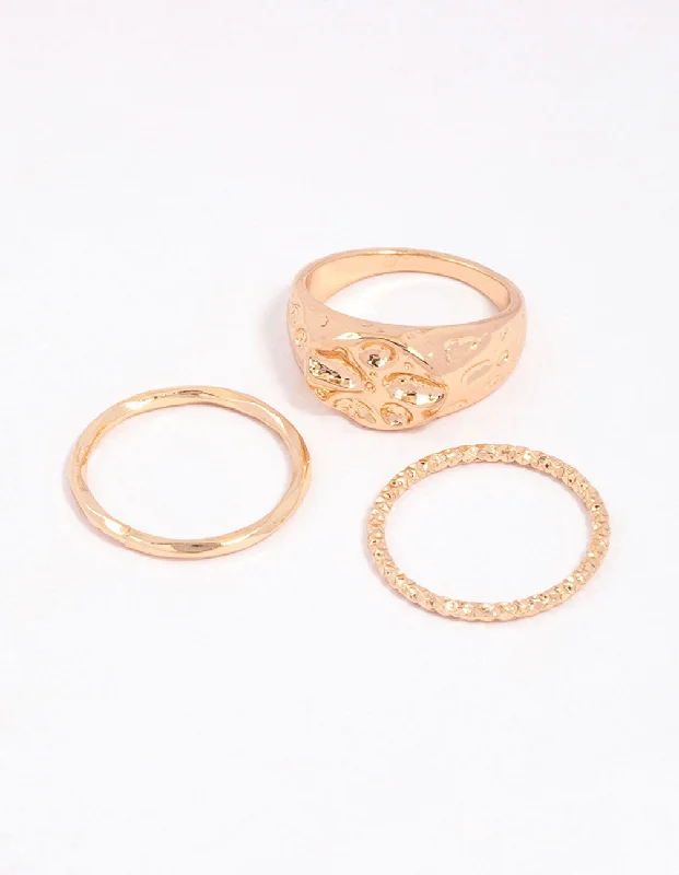 Elegant Titanium Rings-Gold Textured Signet Ring Pack