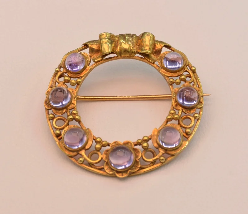 Unique Gemstone Brooch for Women-18K yellow gold Circle Brooch with Amethysts