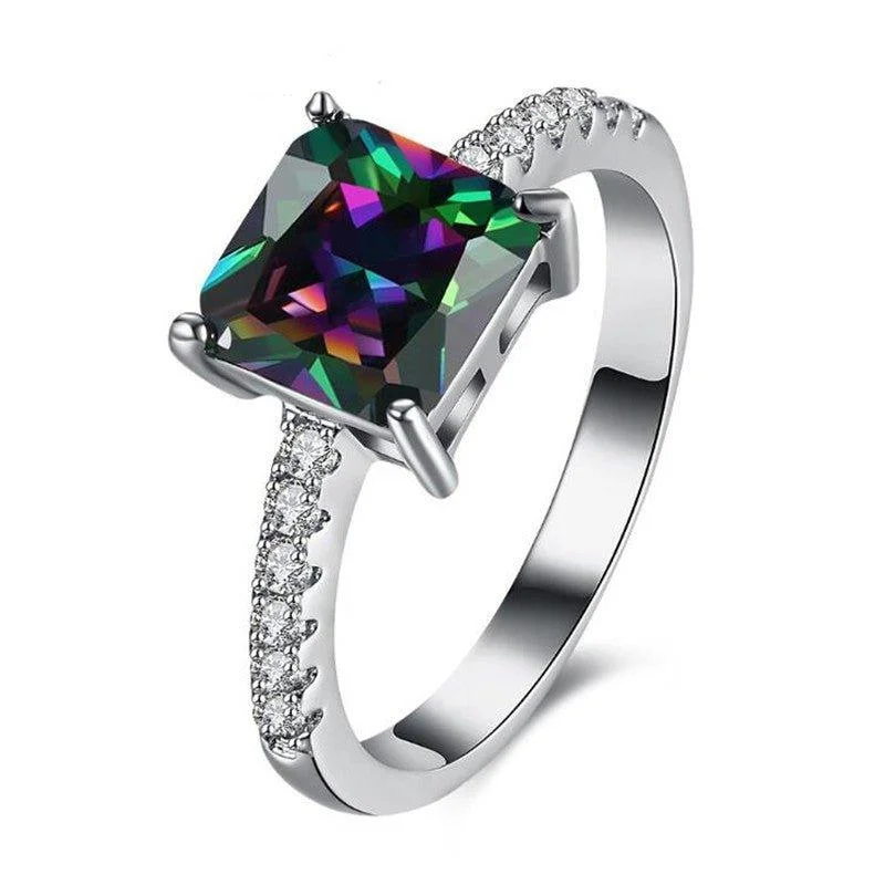 Custom Wedding Rings with Names-Princess Cut Mystic Topaz Ring