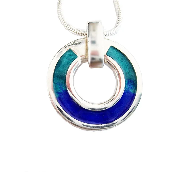 Vintage Gemstone Necklaces-OPEN ROUND OCEAN ENAMEL NECKLACE IN STERLING SILVER