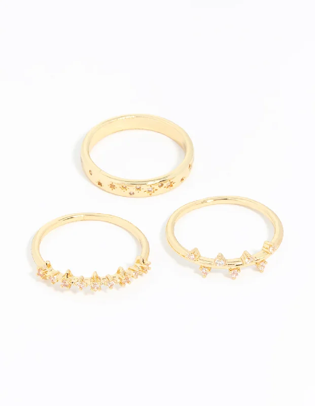 Birthstone Rings for Women-Gold Plated Cubic Zirconia Cluster Rings 3-Pack