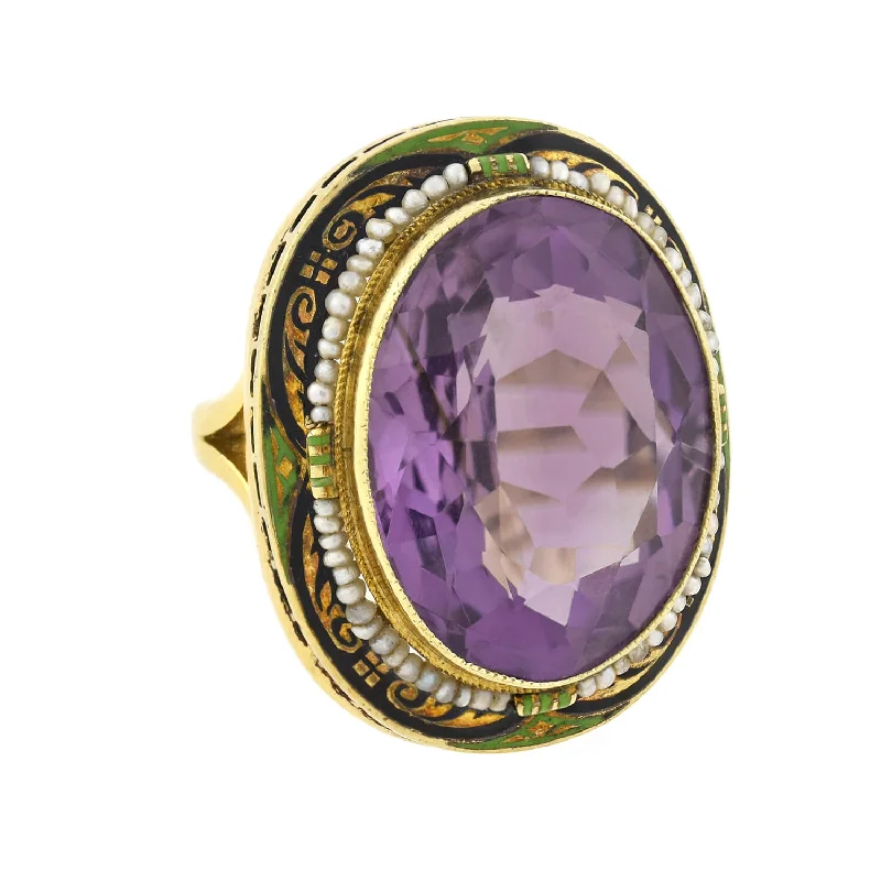 Dainty Engagement Rings-Art Deco Large 14kt Enameled Amethyst + Seed Pearl Ring