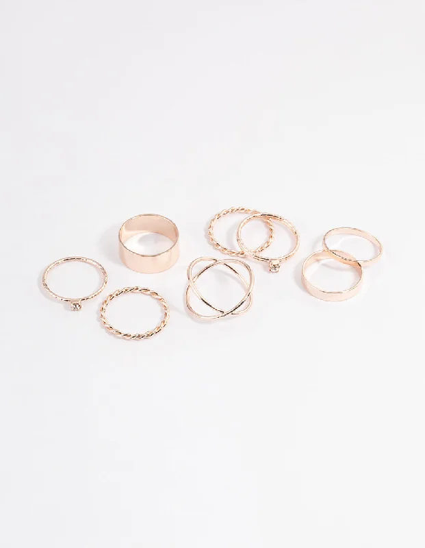 Minimalist Promise Rings-Rose Gold Thick & Diamante Ring 8-Pack