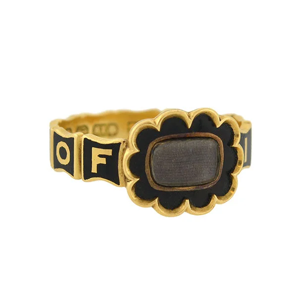 Handmade Gold Rings-Early Victorian English 18kt Enamel & Woven Hair Mourning Ring