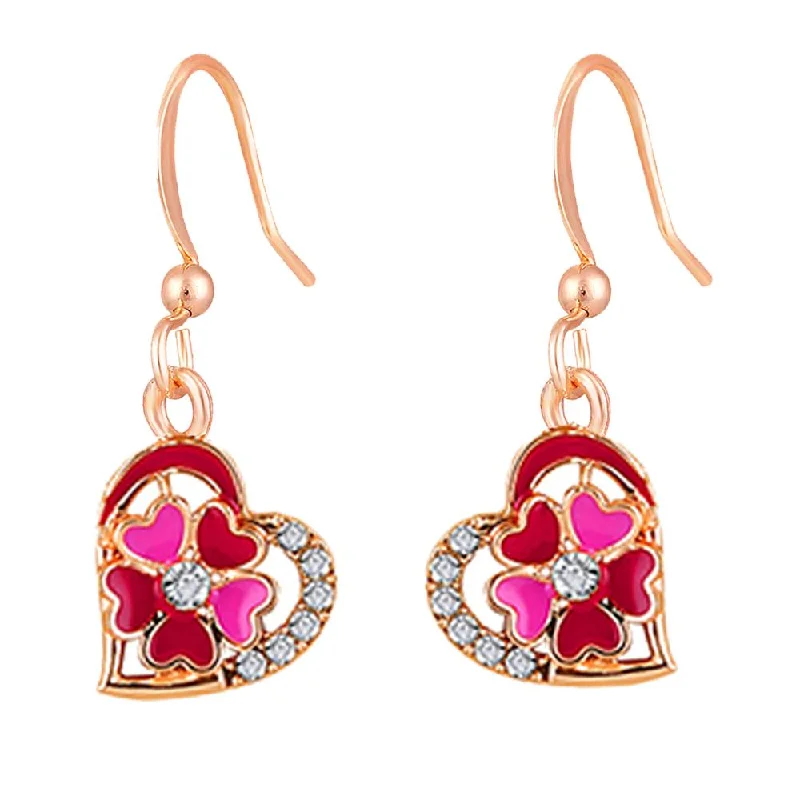 Colorful Drop Earrings-Mahi Rose Gold Plated Red and Pink Meenakari Work and Crystals Floral Heart Earrings for Women (ER1109856ZRedPin)