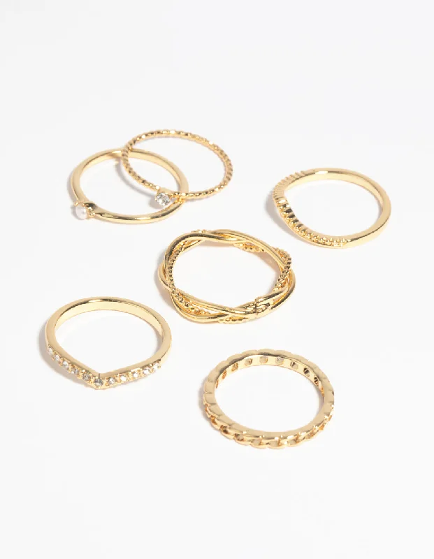 Elegant Gemstone Wedding Rings-Gold Plated Diamante Twist Ring 6-Pack