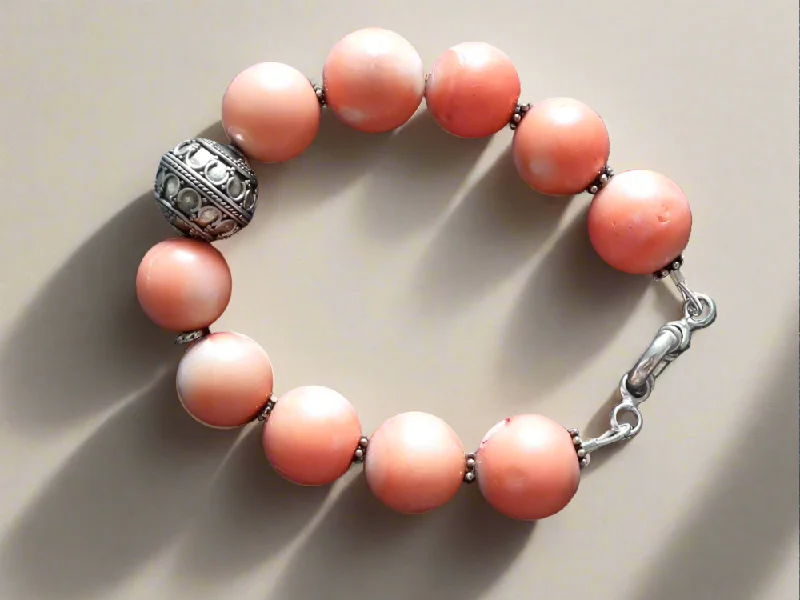 Classic Tennis Bracelets for Women-Bracelet with Pink Coral Stones (Angel Skin) and Silver Elements (C-04)