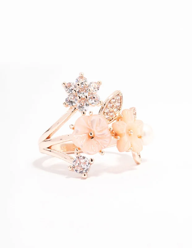 Elegant Gemstone Wedding Rings-Rose Gold Plated Floral Bouquet Ring