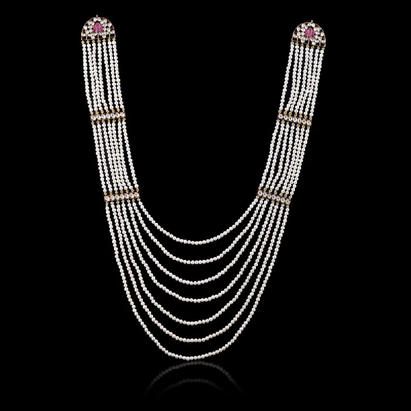 Fashionable Boho Necklaces-Silver Mountain 925 Silver Long Multi Layer gold plated Kundan & Pearl Necklace