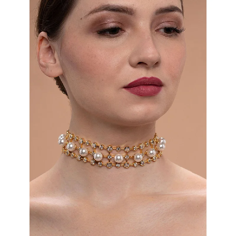 Zodiac Sign Necklaces-Isharya Amara Pearl CZ Choker Necklace in 18kt Gold Plated