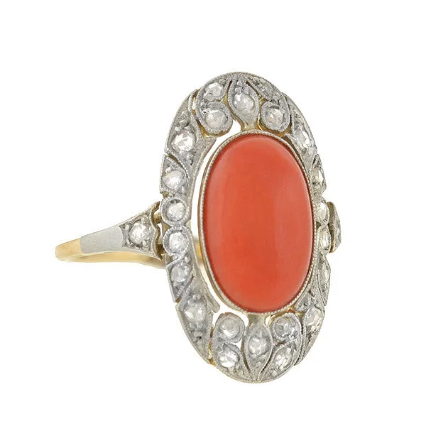 Elegant Ruby Rings-Edwardian 14kt/Platinum Coral & Diamond Filigree Ring