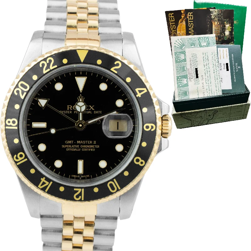 Minimalist Watches for Men-Rolex GMT-Master II Black 40mm Two Tone Gold Steel Jubilee Watch 16713 PAPERS