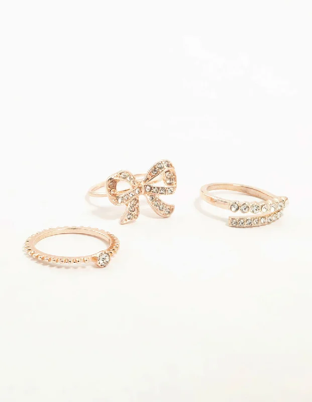 Yellow Diamond Rings-Rose Gold Precious Bow Ring 3-Pack