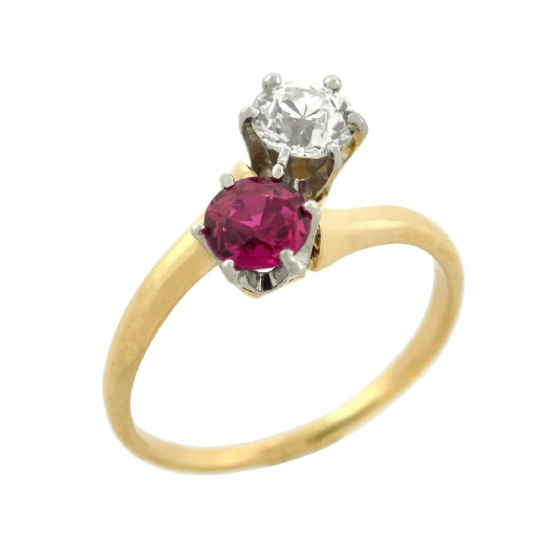 Statement Sapphire Rings-Edwardian 14kt/Platinum "Moi et Toi" Diamond + Ruby Sapphire Bypass Ring