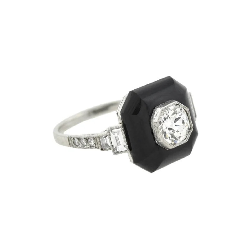 Stackable Diamond Rings-Art Deco Platinum Onyx + Diamond Ring